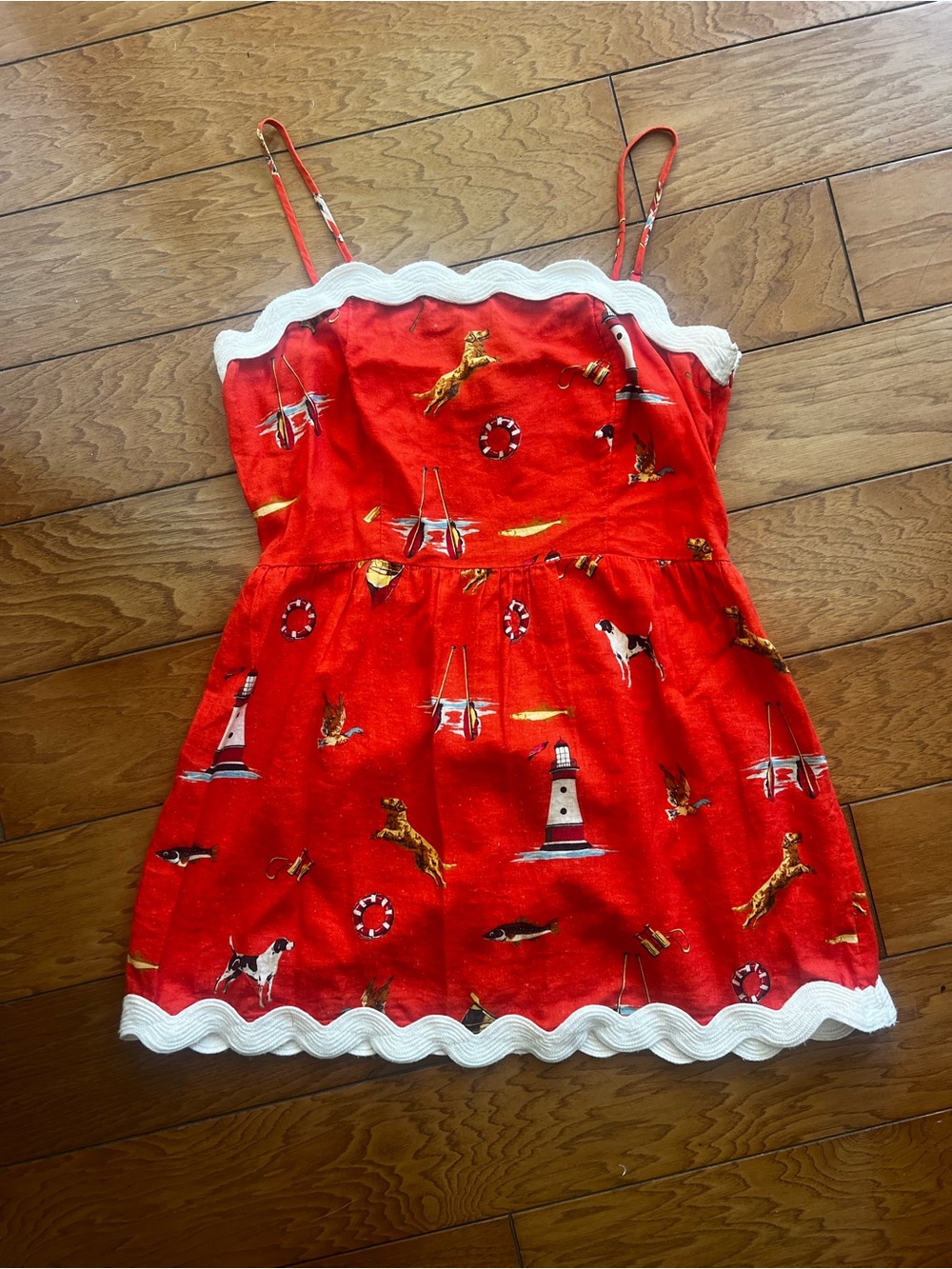 Anthropologie Celadine Red Orange Nautical Print Scallop-Trim Mini Dress